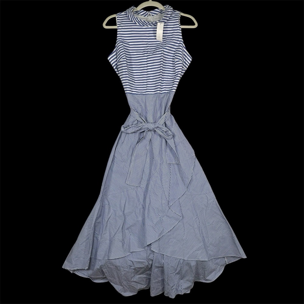 NWT New York & Company Striped High Low‎ Dress 2 Sleeveless Blue White Coastal